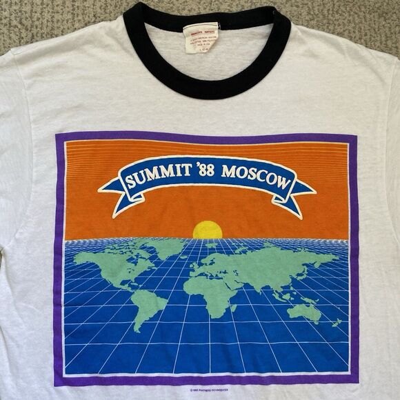 Vintage 80s Moscow 88 Summit Ringer T Shirt 1988 Large Map USSR Soviet - Picture 1 of 7